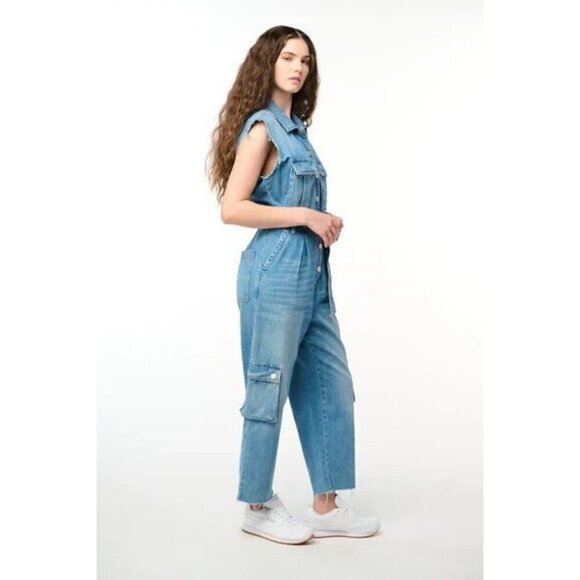 Blank NYC Denim Jumpsuit SMALL Relaxed Fit Belted Cropped Raw Straight Leg - Picture 3 of 16